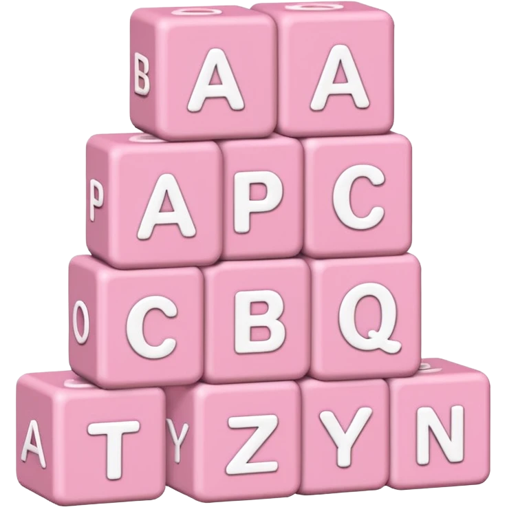 three Light pink and white toy alphabet blocks stacked with different letters emoji