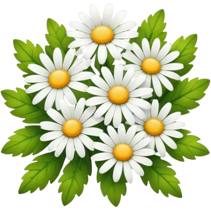 cluster of white daisies with yellow centers and green leaves, smooth and glossy look, transparent background emoji