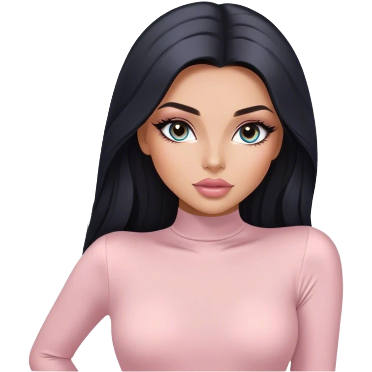 Glamours, tanned, very beautiful girl, with big pump peach-beige-rose lips, long long lashes, black straight smooth silky long hair, straight parting hair, blue-grey eyes in light pink long-sleeves bodysuit emoji