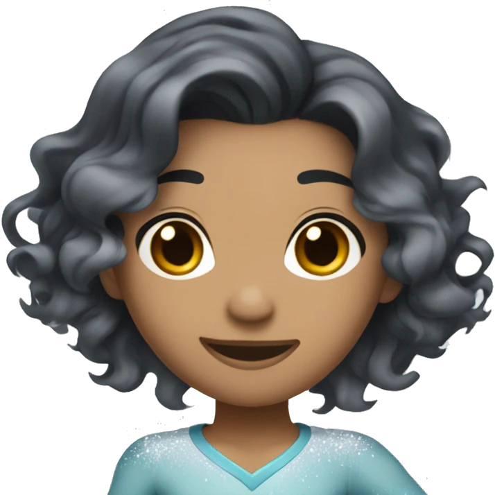 An ice skater with wavy black hair mixed skin color ice skating through the ice emoji