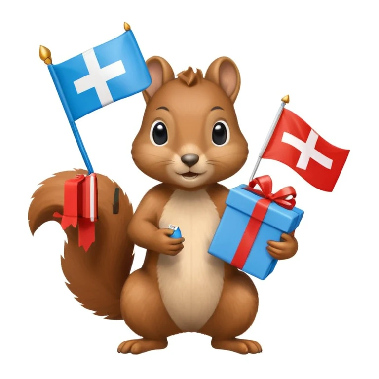 a squirrel holding a blue gift box in one hand and a Swiss flag in the other, both objects clearly visible, simple white background, the gift is a different color from the flag emoji