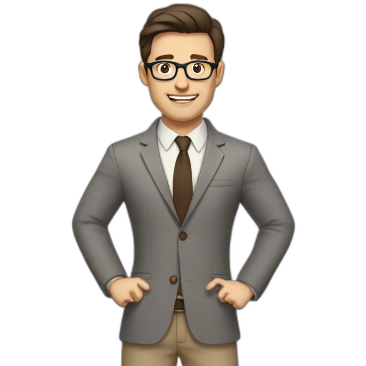To belt Actively gesturing with hands Pale skinned fit man with dark brown hair in gray jacket, beige office shirt, brown tie, brown pants and vintage glasses. emoji