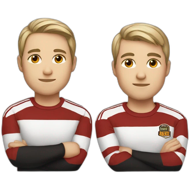 2 white brothers brown eyes and hair using black and red stripes shirts emoji