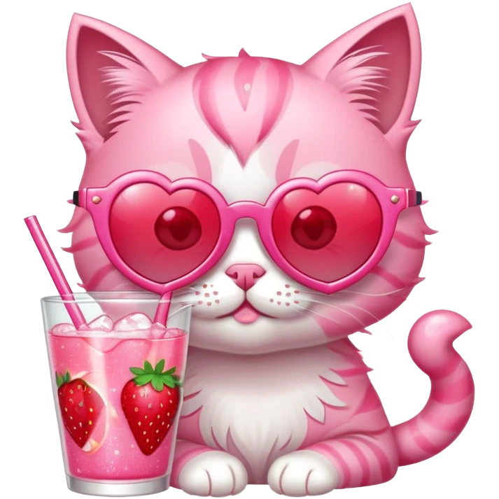A bubblegum pink kitten with heart-shaped sunglasses, sipping a strawberry soda, surrounded by sparkles and summer vibes. emoji