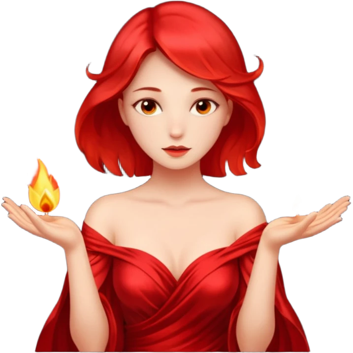 Woman slowly letting red silk fall from her shoulders, firelight flicker emoji