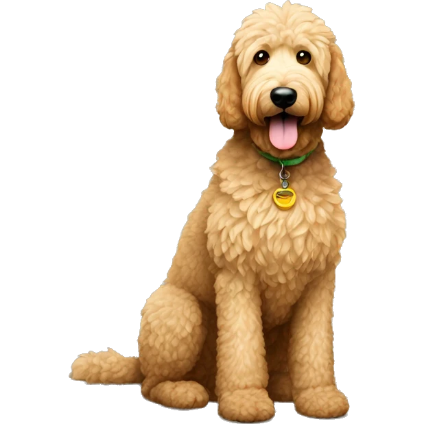 full body large sitting golden doodle with light fur and hazel-green eyes emoji