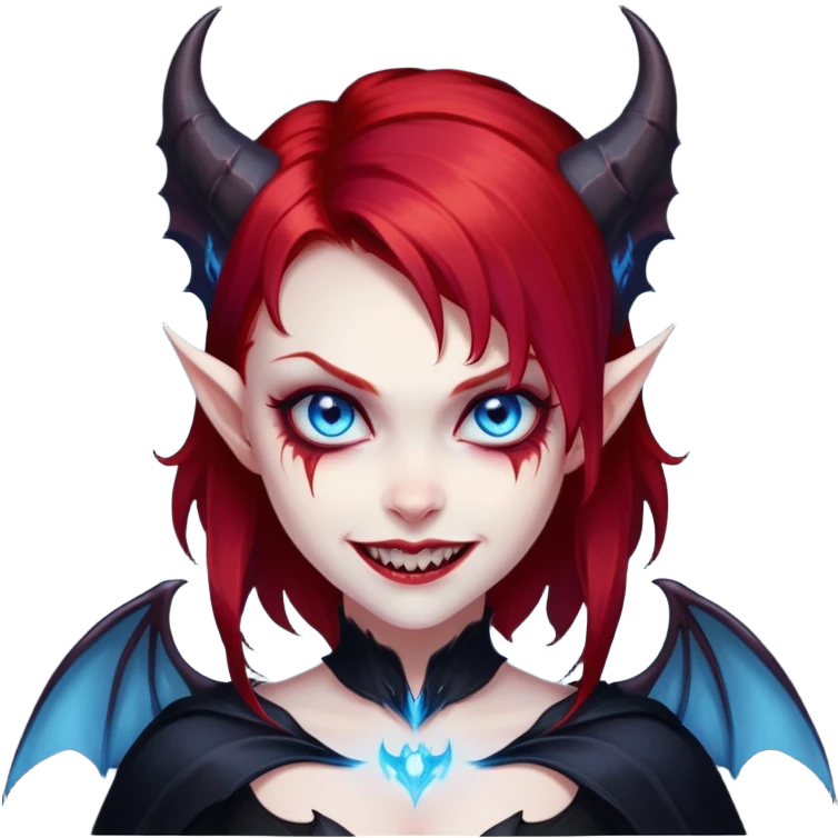 extremely diabolical girl with demonic bat wings, blood red hair, glowing blue eyes, black hellfire aura, sharp horns, evil grin emoji