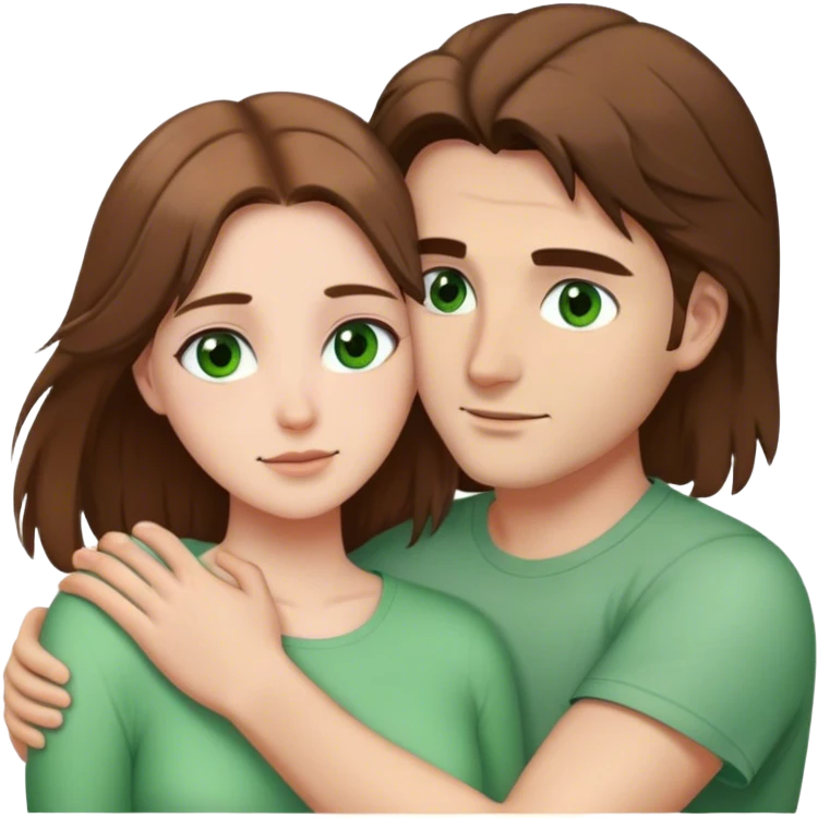 white couple with brown hair, man has short hair and brown eyes. woman has long hair and green eyes .they’re hugging each other  emoji