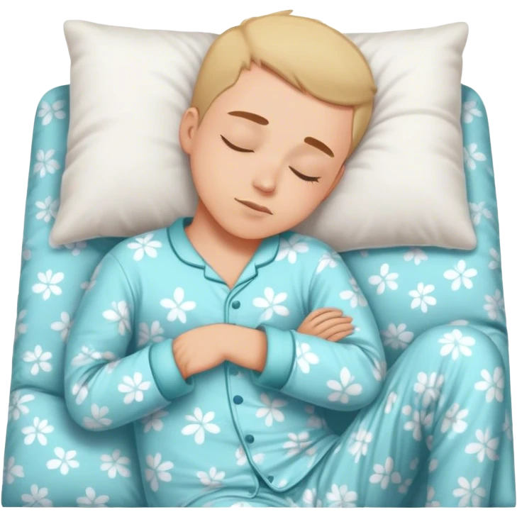 Emoji: A young man sleeping peacefully, lying on his side in a comfortable sleeping position. He wears soft, cozy pajamas, and the background is minimalistic, symbolizing rest and recharging energy. emoji