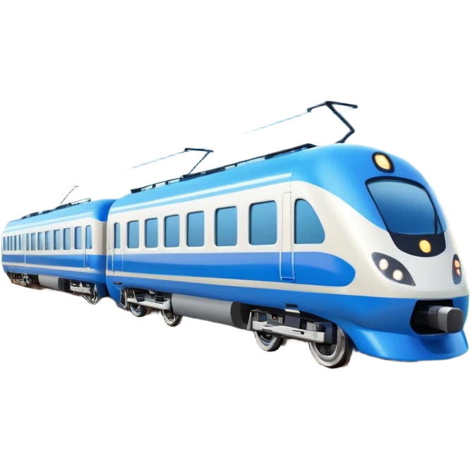 A 3D cartoon sleek white bullet train on tA 3D cartoon passenger train with blue carriages and visible windows, moving through countryside, Memoji-style.racks, high-speed motion blur, clean lighting, Memoji-style realism. emoji