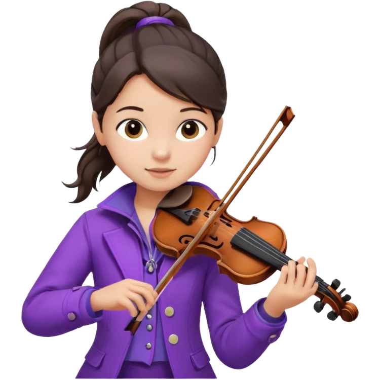 child girl baby face dark brown hair in ponytail playing violin in purple jacket  emoji