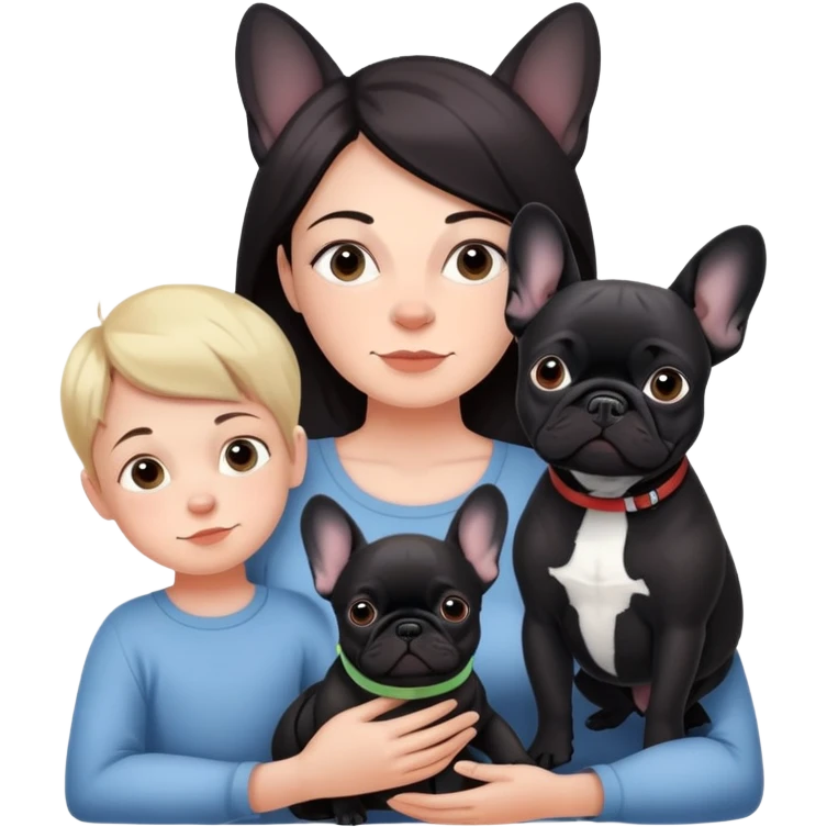Mother with one black French bulldog and 4 children  emoji