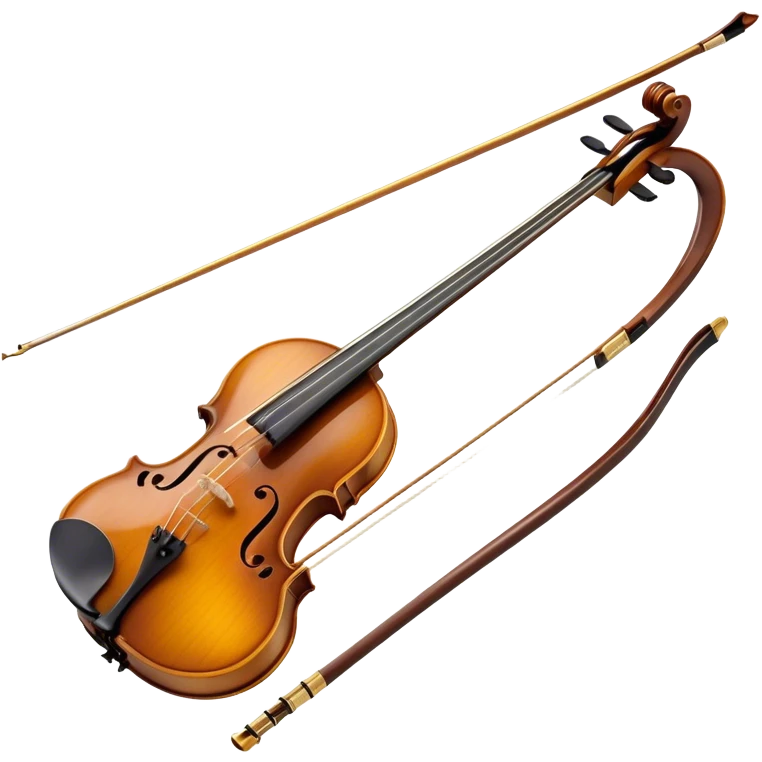  "Create a detailed and elegant emoji representing the Hans Klein HKCB cello bow. The design should feature the bow’s sleek, polished wooden stick with delicate, smooth curves, and fine detailing on the frog and winding. The bow hair should be visible, taut and neatly arranged. Add subtle metallic accents around the frog to emphasize the quality craftsmanship. Use rich brown and gold tones for the bow, with slight highlights on the silver and ebony components. The background should be transparent. emoji