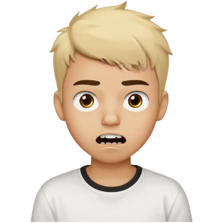 Male Teenager with Short buzz, messy blonde hair, Dark brown bushy eyebrows large expressive golden-brown eyes, wearing a plain white t-shirt, Dark Brown skin color, Confused mouth gape showing teeth emoji