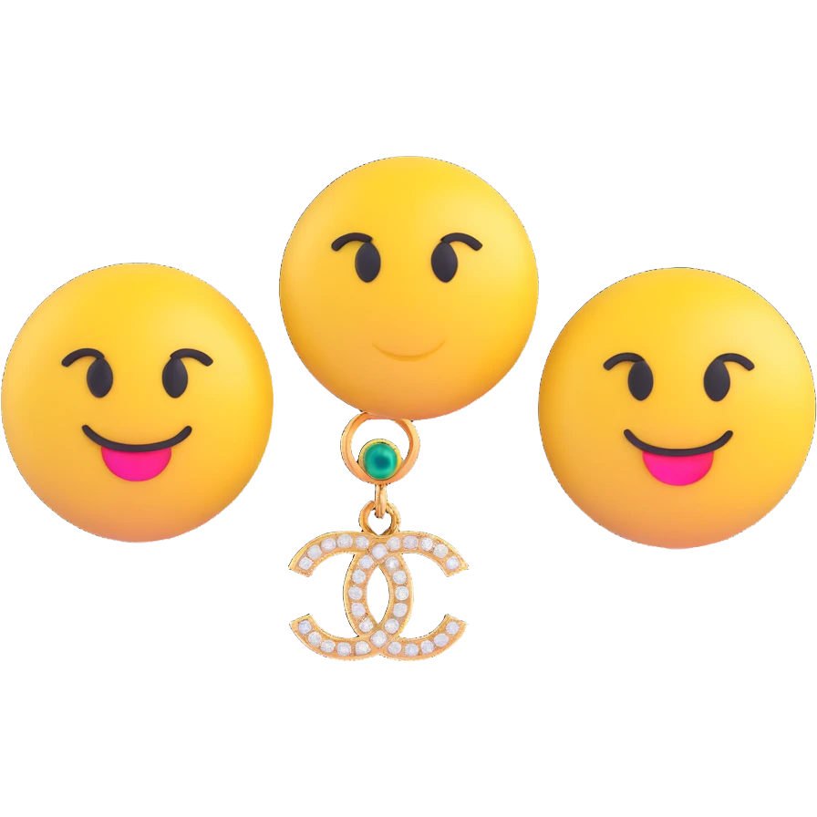 3D emoji-style Chanel logo earrings with colorful gemstone accents, playful and luxurious emoji