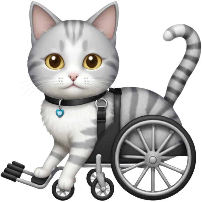 disabled grey and white cat using cat wheelchair emoji