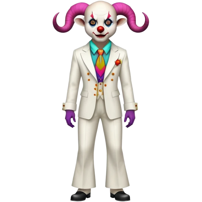 full-body demonic clown in a white leisure suit with bellbottom pants, bald, black ram horns, flashy belt, ruffled shirt, colorful tie, no elevator shoes emoji