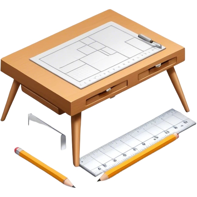 Icon for Furniture Design: a furniture drawing with 3D models of furniture pieces placed on top, accompanied by rulers and a pencil. The icon should represent the design process with focus on precision and modeling. Transparent background. emoji