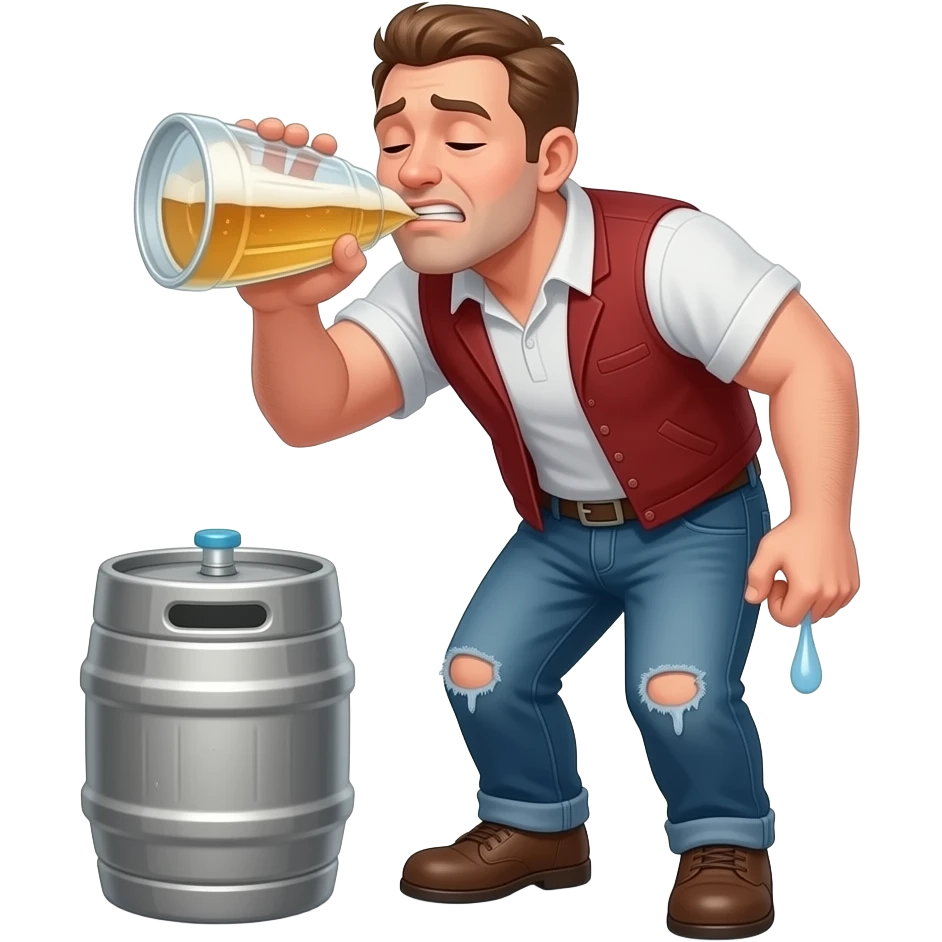 Drunk man drinking out of a keg while urinating his pants emoji