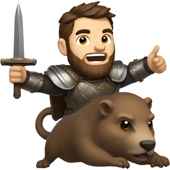 Confident armored White Man with dark brown hair and a short beard pointing forward with one arm holding a sword and yelling a battle charge while riding on the back of a giant groundhog emoji