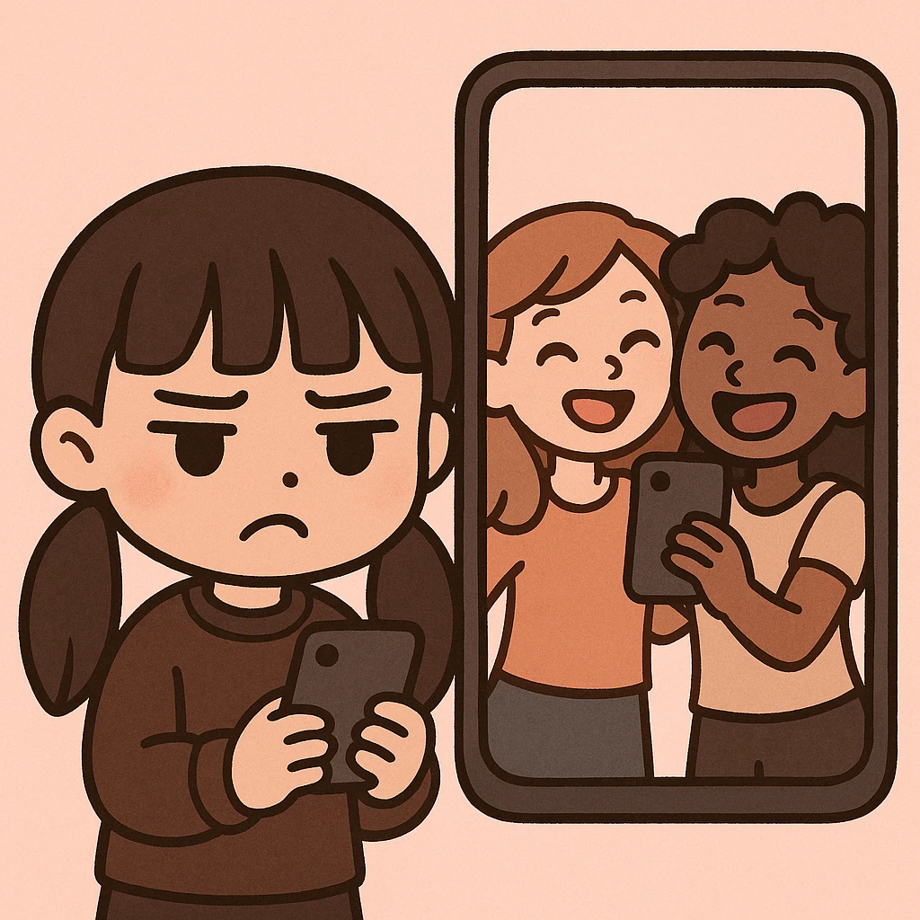 cute cartoon girl with long dark hair in low pigtails and blunt bangs, dark brown clothes, holding a phone and looking upset; enlarged phone screen beside her shows two friends taking a happy selfie; soft, minimal pink background; charming and expressive style; focus on jealousy emoji