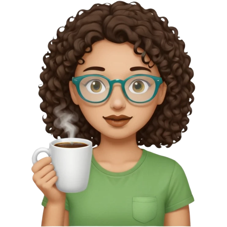 White girl with dark brown curly hair, brown eyes, sky blue glasses, nose piercing septum, green t shirt, drinking coffee from a cup emoji
