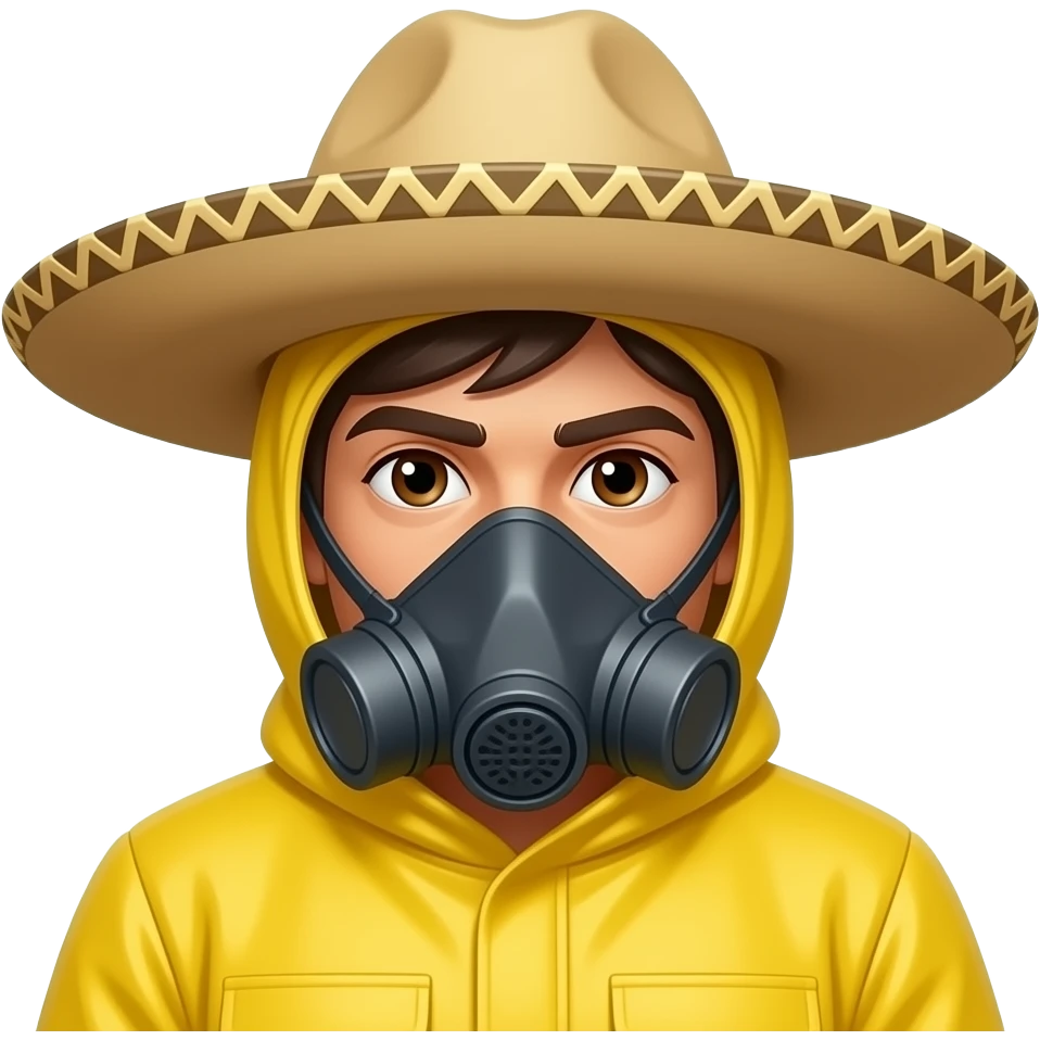 mexican man dark brown hair brown eyes yellow hazmat suit with hood on and mask with sombrero emoji