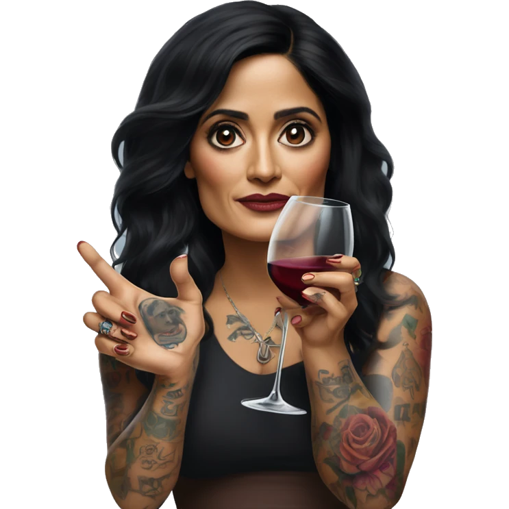Salma Hayek, her body covered with tattoos, wine in her one hand, pointing forward with her other hand , Hyper realistic emoji