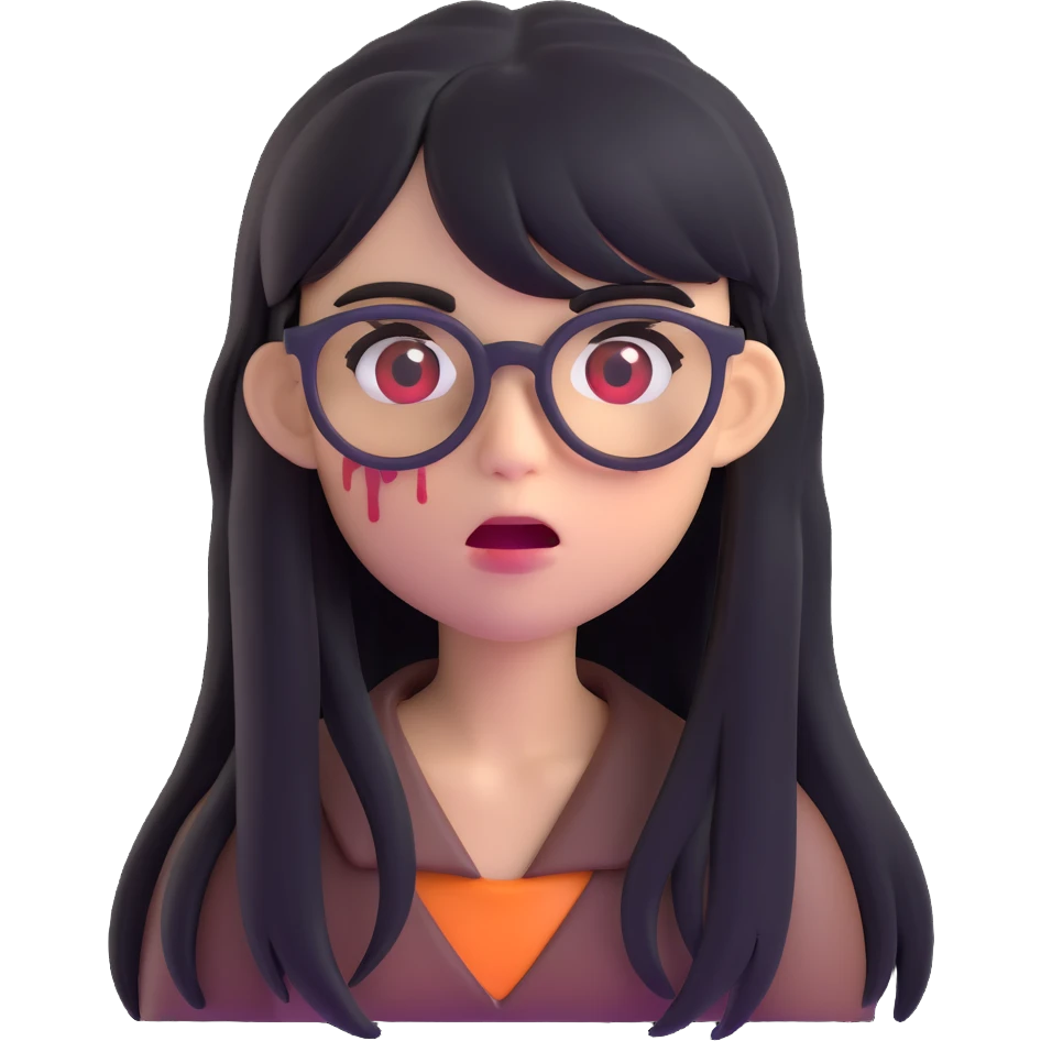 zombie girl with long black hair, bangs, and glasses, 3D emoji style emoji