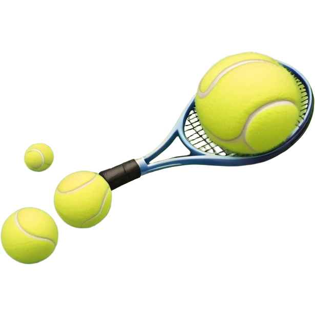 A tennis racket and ball positioned on a grass court, with the net and lines clearly visible in the background. The scene emphasizes the classic elements of the sport, capturing the energy and precision of a tennis match. emoji