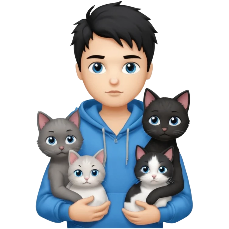 generate a pretty fair bratz boy with black messy hair holding 3 cats.  Wearing a grey hoodie emoji