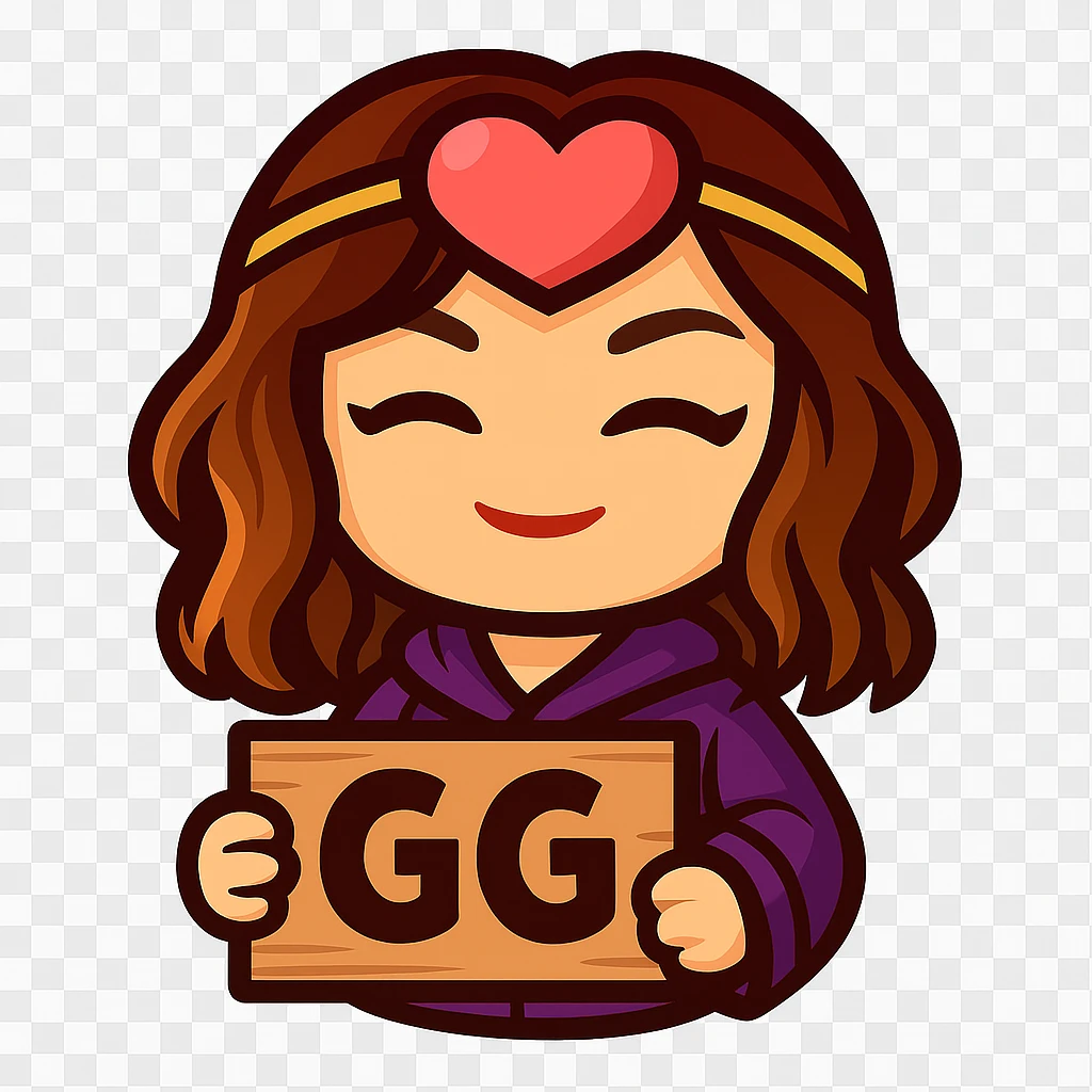 Create a chibi emote of the woman in the first reference image, in the style of the second reference image, holding a sign that says 'GG' emoji