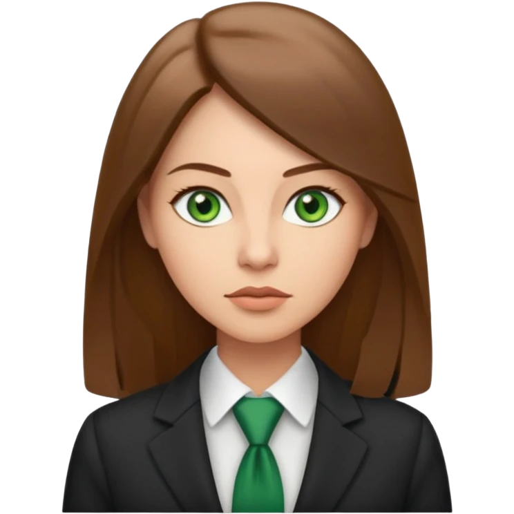 Adult woman avatar, light skin tone, oval face, straight long brown hair, green eyes, neutral mouth, business  emoji
