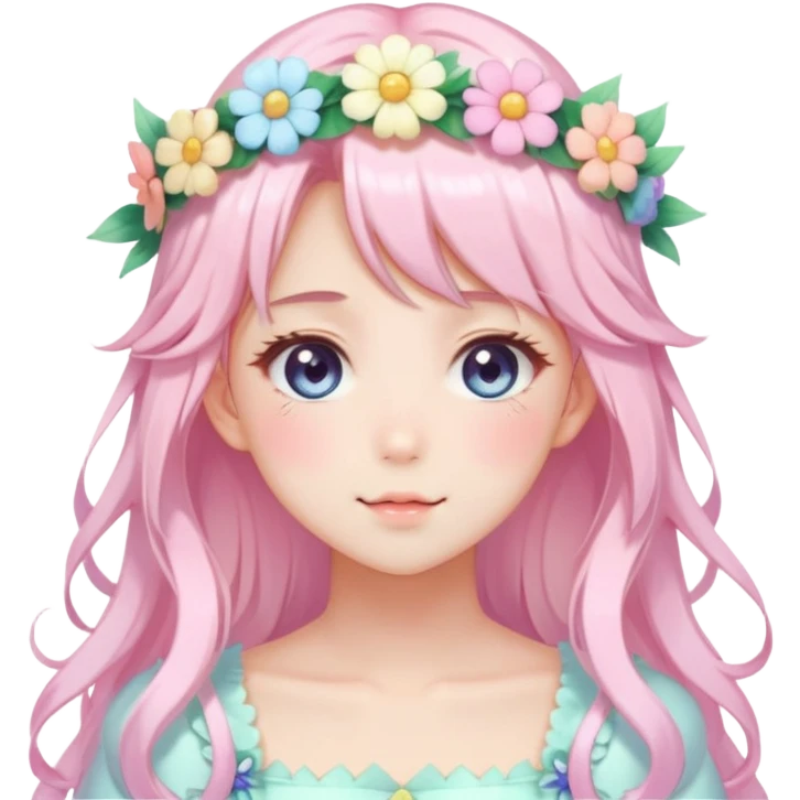 Shiny Gorgeous Pastel Anime Lady with blushing face and pretty hair with a flower crown pastelcore kawaii cottagecore fairycore aesthetic trending style emoji