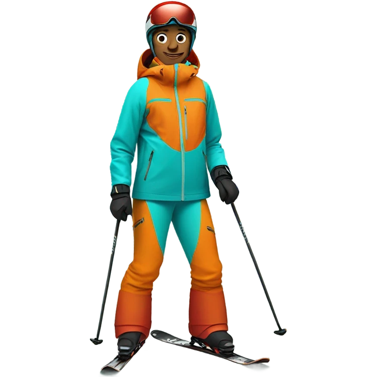 Skier wearing orange jacket and a red helmet and turquoise pants emoji