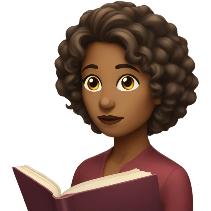 brunette curl mid length hair brown woman looking at a book cozy aesthetic emoji