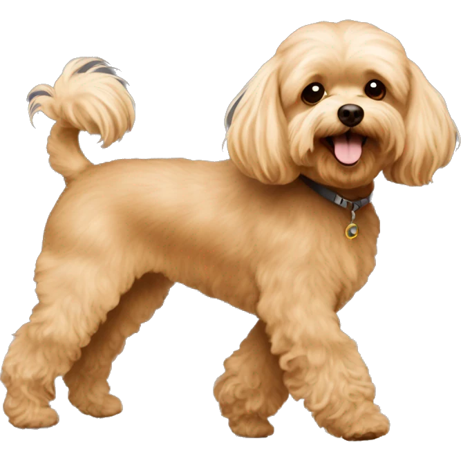 Brown Maltipoo walk with blonde skinny girl with long hair emoji