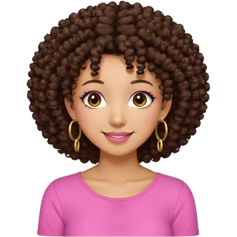 Naturally tan skin girl short darkBrown curly afropink shirt very long lashes hoop gold earrings Brown eyes gyaru smiling closed mouth cute emoji