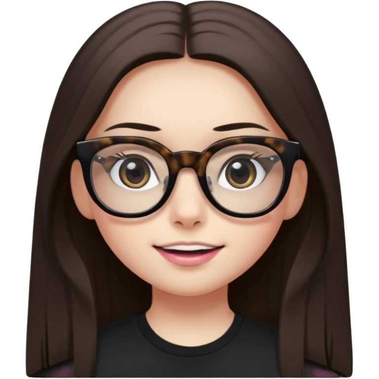 Girl with dark straight long hair, divided in the middle hairstyle, white skin, black eyes, wearing black shirt and tortoise framed glasses. The mounth is light old pink, with light smile with no teeth. emoji