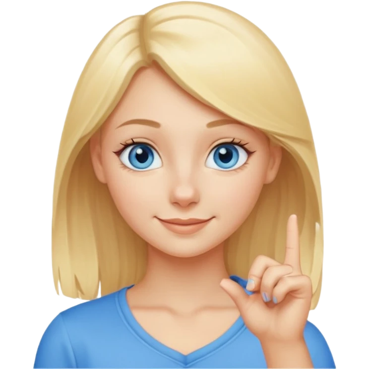 a blond girl with blue eyes putting a finger on the tip of the nose emoji