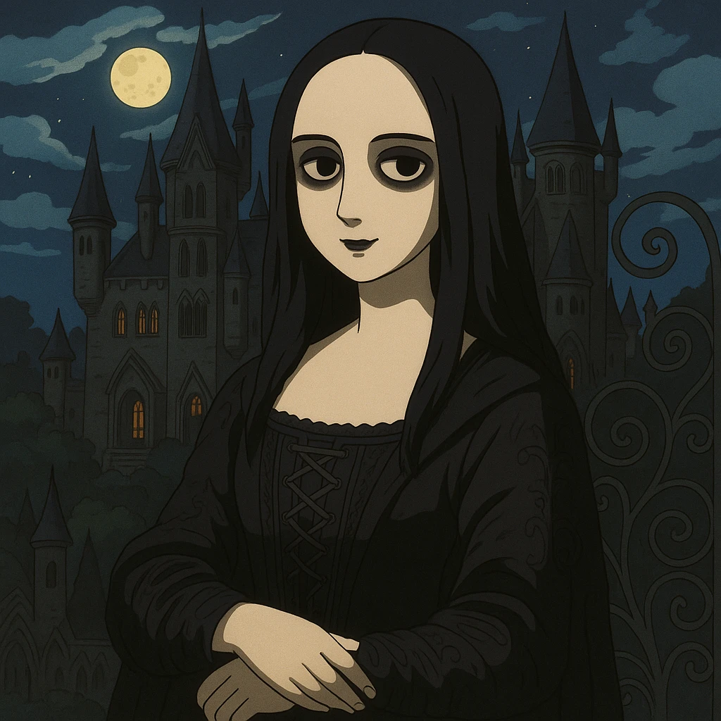 Enhance the image with a gothic background including an old gothic castle, moonlit sky, and gothic elements. Keep Mona Lisa in gothic style. emoji