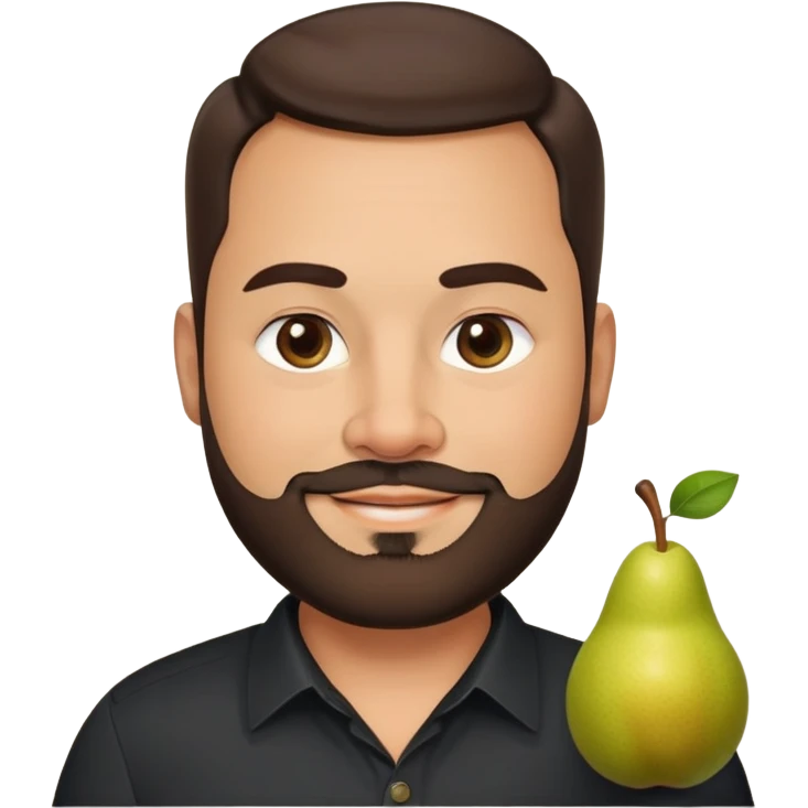 Very stocky businessman in his 40s with light brown skin, pear-shaped face, full cheeks, warm friendly smile, kind welcoming eyes, thick eyebrows, wide nose, short full beard, short dark hair, wearing a black button-up shirt emoji