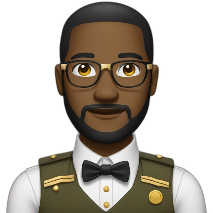 black soldier with beard, part in black hair, white collared shirt, bow tie, gold frame glasses, bulletproof vest  emoji