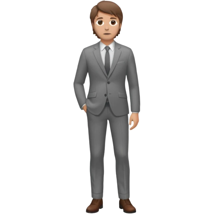 Chico blanco, traje gris , pelo castaño revuelto,cuerpo entero emoji