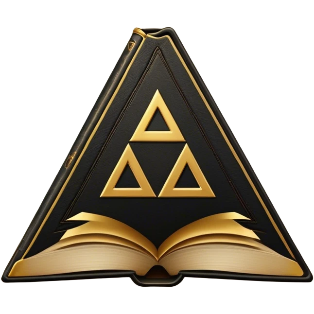 A black and gold book with an aged leather texture, embossed with an alchemical symbol, a compass, or a forging hammer, exuding wisdom, mastery, and the relentless pursuit of greatness. - book on mastery ... silhouette of a triangle  emoji