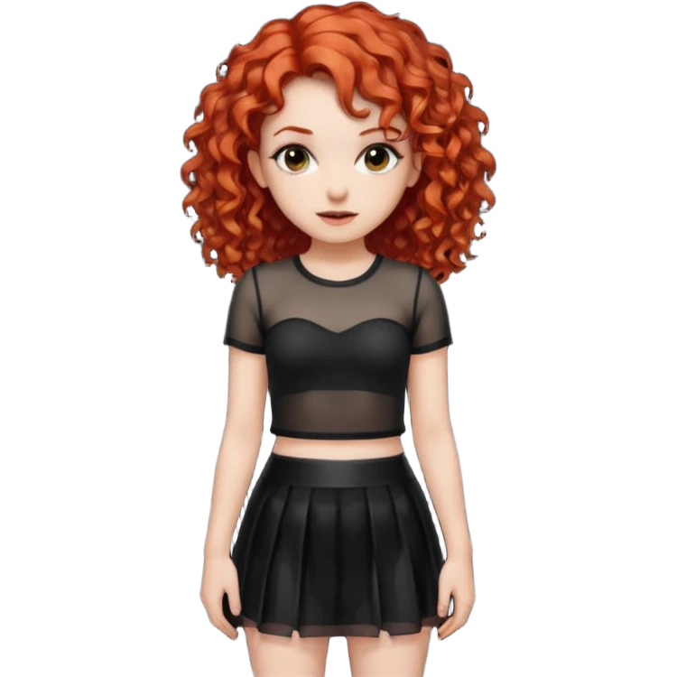 Naked red curly haired girl with very large big boobs and cleavage.  Thin waist and wide sexy hips.  Completely naked but wearing a see-thru black mesh very short mini-skirt emoji