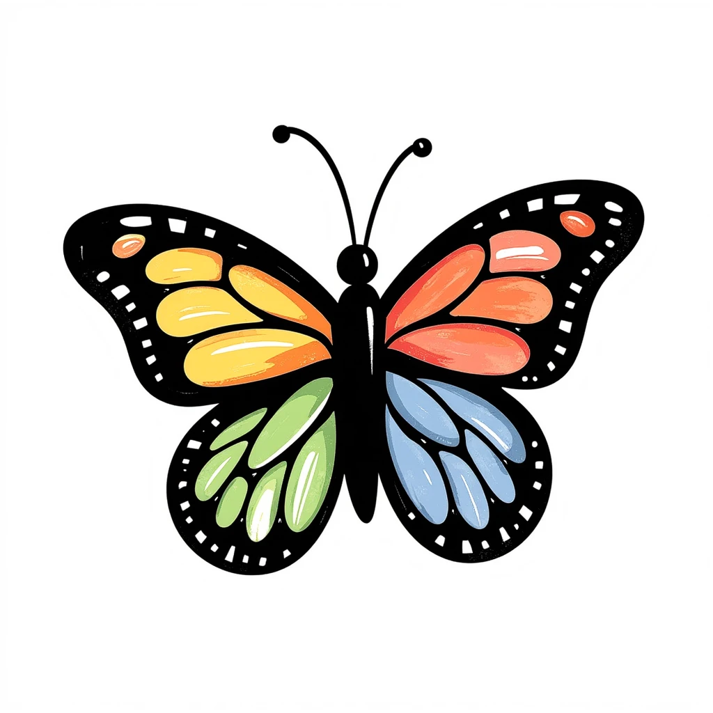 colorful butterfly in childlike crayon doodle style, centered, isolated on white background emoji