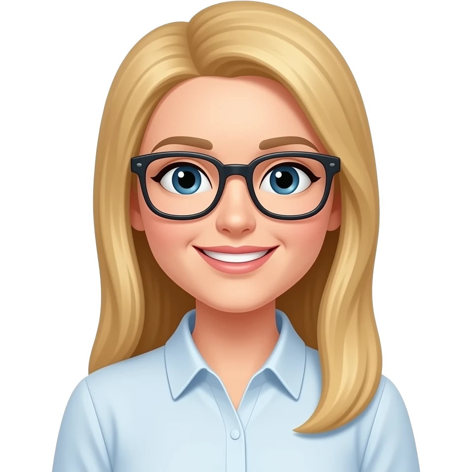 HAPPY, white, very long long striaght blonde hair, teacher  with glasses in a shirt emoji
