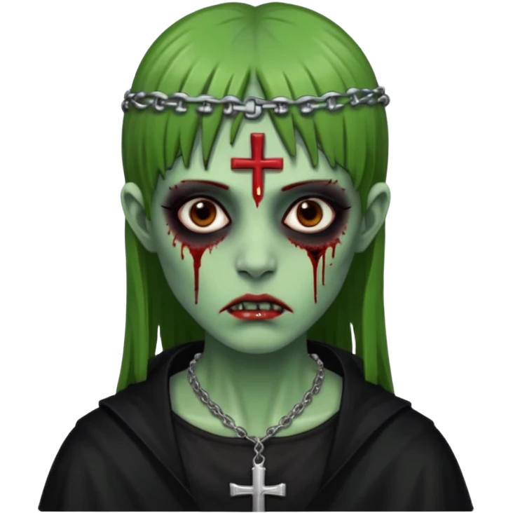 Zumbi verde com olhos castanhos aspecto de que tá sangrando, uma franja reta um piercing do lado esquerdo do nariz, roupa preta e crucifixo como colar, e também delineador emoji