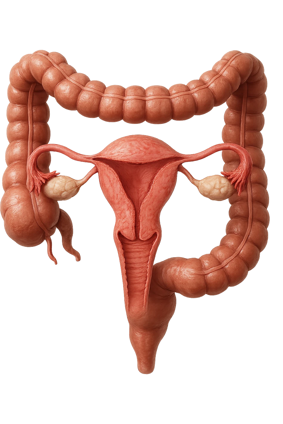UTERO UMANO ANATOMICO COLLEGATO AD INTESTINO, iperrealistico 4k, SFONDO BIANCO emoji